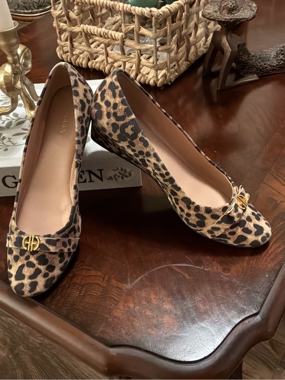Cole Haan Leopard Print Wedge Pumps with Gold Accent
